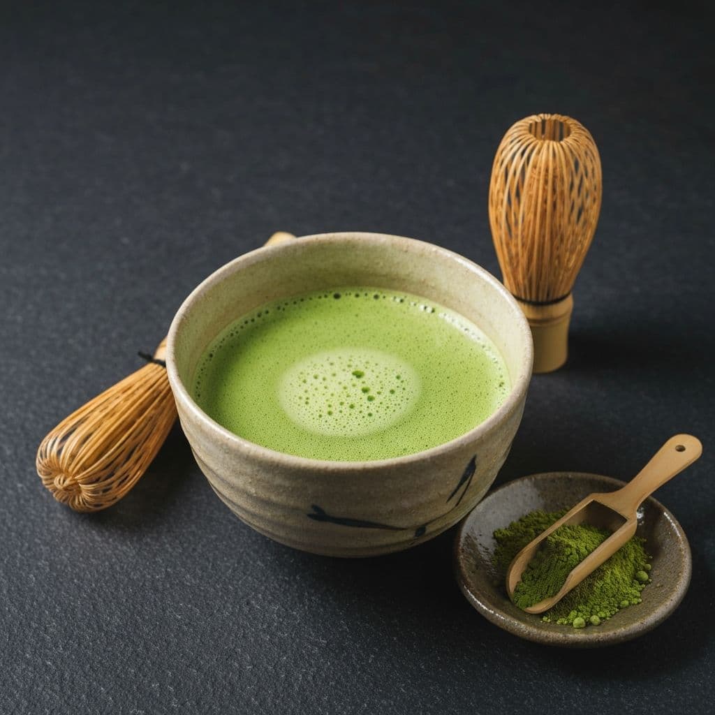 Tradicionalna japanska šolja (chawan) sa živozelenim matcha čajem, bambusovom metlicom i prahom u keramičkoj posudi